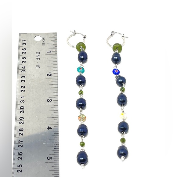 New Free People Regina Glass Bead Drop Dangle Earrings Blue Silver - Picture 4 of 4